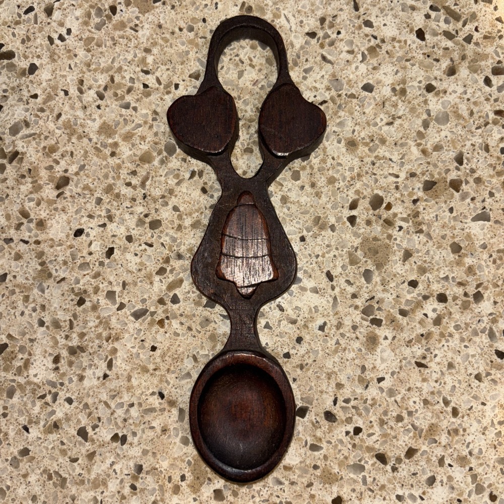 Vintage Hand-Carved Wood Welsh Love Spoon Heart & Bell Design Unique